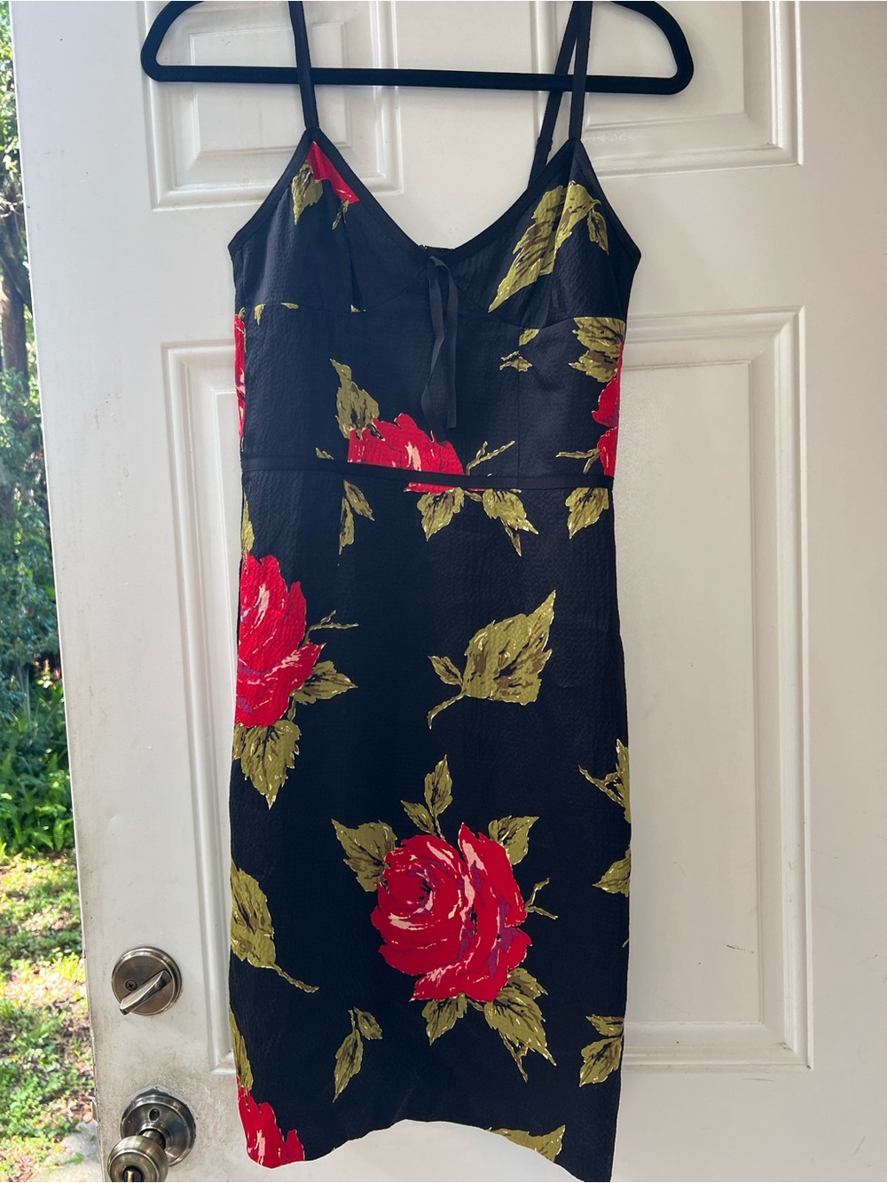 Trina Turk Black Floral Slip Dress with Red Rose Print